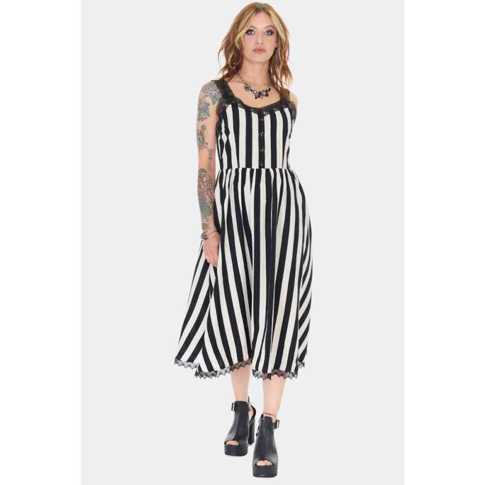 Jawbreaker - Butterfly Button Striped Sundress Maxi lange jurk - Zwart/Wit